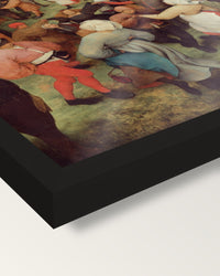 The Wedding Dance by Pieter Bruegel the Elder framed print, corner close-up: black moulding, edge to edge, no mat