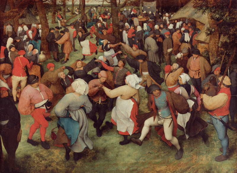 The Wedding Dance by Pieter Bruegel the Elder: peasants in red, white and black dance in a crowded woodland clearing