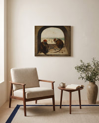 Two Chained Monkeys by Pieter Bruegel the Elder as a stretched canvas above a linen lounge chair in a reading corner