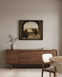 Two Chained Monkeys by Pieter Bruegel the Elder in a black frame above a walnut sideboard in a dining room
