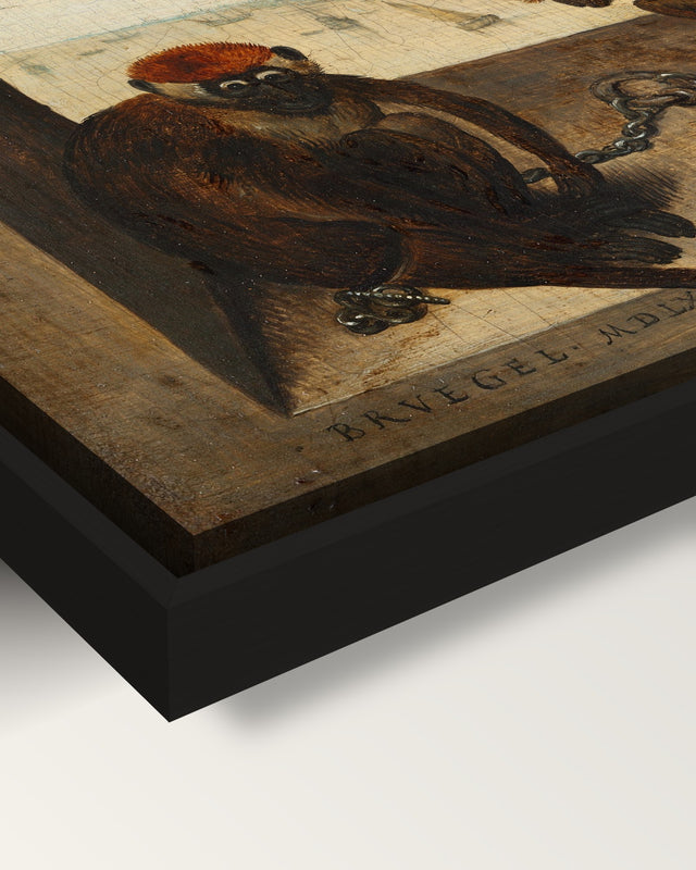 Two Chained Monkeys by the Elder framed canvas, corner close-up: black floating frame, painted edge in the shadow gap