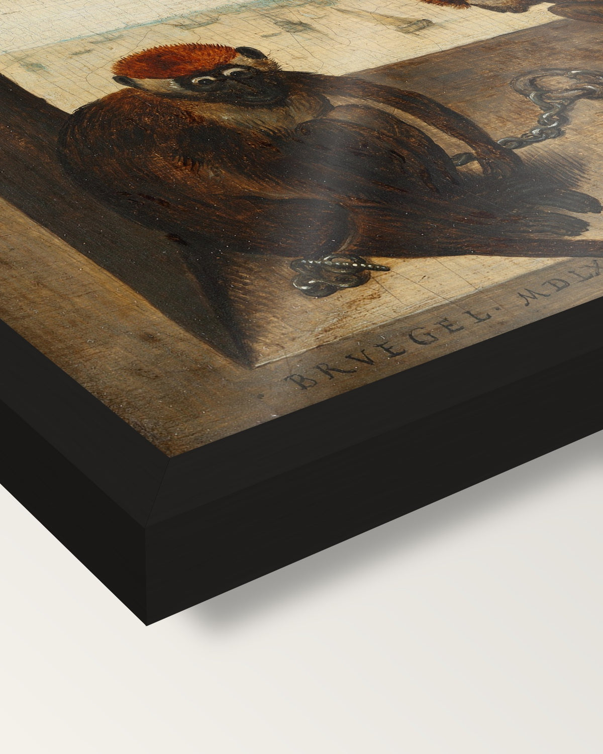 Two Chained Monkeys by Pieter Bruegel the Elder framed print, corner close-up: black moulding, edge to edge, no mat