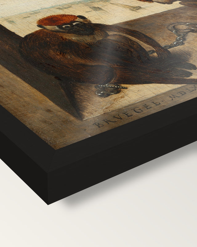 Two Chained Monkeys by Pieter Bruegel the Elder framed print, corner close-up: black moulding, edge to edge, no mat