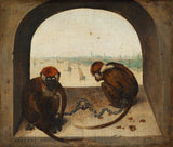 Two Chained Monkeys by Pieter Bruegel the Elder: two red-capped monkeys chained in a stone arch, a harbour and ships behind