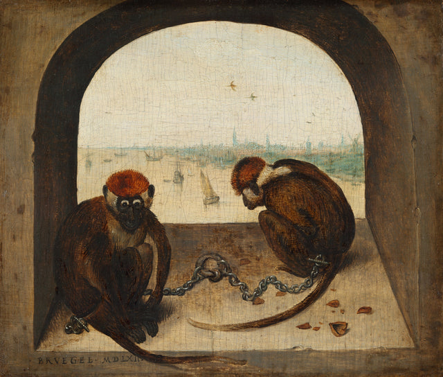 Two Chained Monkeys by Pieter Bruegel the Elder: two red-capped monkeys chained in a stone arch, a harbour and ships behind