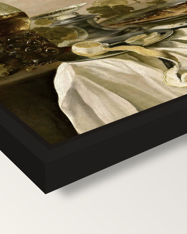 Still Life with a Fish by Claesz framed canvas, corner close-up: a black floating frame with a shadow gap round the canvas