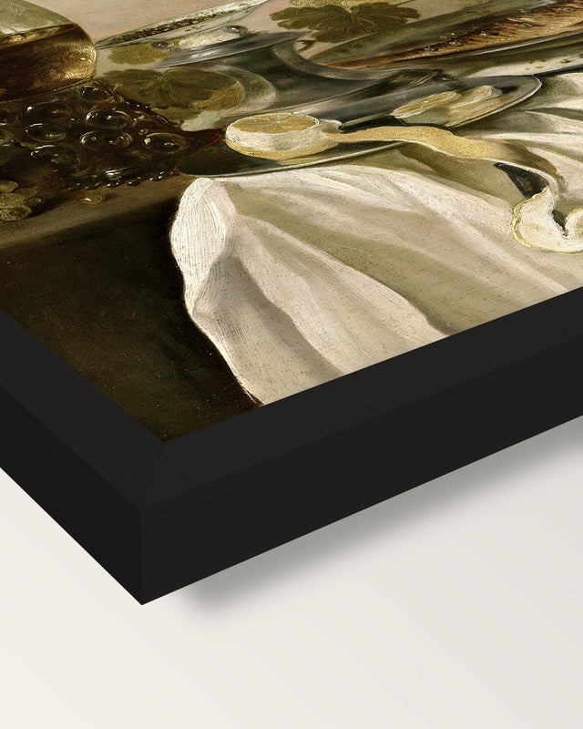 Still Life with a Fish by Claesz framed print, corner close-up: black moulding, mitred, the print set just below its edge