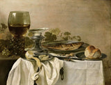 Still Life with a Fish by Pieter Claesz: a fried fish on pewter, a roll, a peeled lemon and a glass of wine on white cloth
