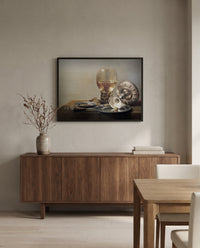 Roemer and Silver Bowl by Pieter Claesz in a black frame above a walnut sideboard in a dining room