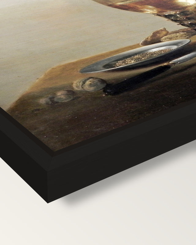 Roemer and Silver Bowl by Claesz framed canvas, corner close-up: a black floating frame with a shadow gap round the canvas