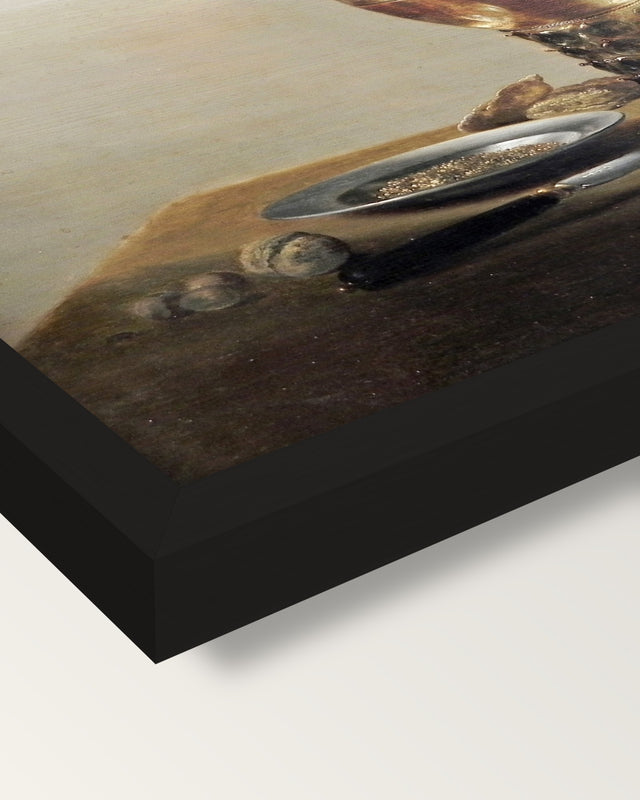Roemer and Silver Bowl by Claesz framed print, corner close-up: black moulding, mitred, the print set just below its edge