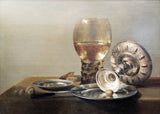 Still Life by Pieter Claesz: a tall roemer of white wine, a toppled silver bowl and pewter plates against a pale wall