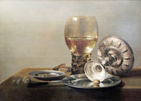 Still Life by Pieter Claesz: a tall roemer of white wine, a toppled silver bowl and pewter plates against a pale wall