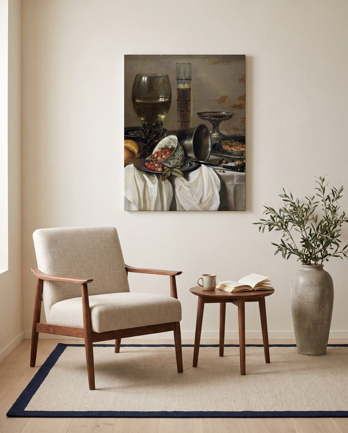 Drinking Vessels by Pieter Claesz as a stretched canvas above a linen lounge chair in a reading corner