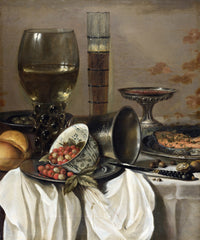 Still Life with Drinking Vessels by Pieter Claesz: tall glasses, a bowl of strawberries, pewter and silver on white cloth