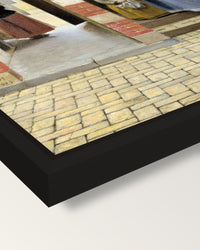 Courtyard in Delft by de Hooch framed canvas, corner close-up: a black floating frame with a shadow gap round the canvas