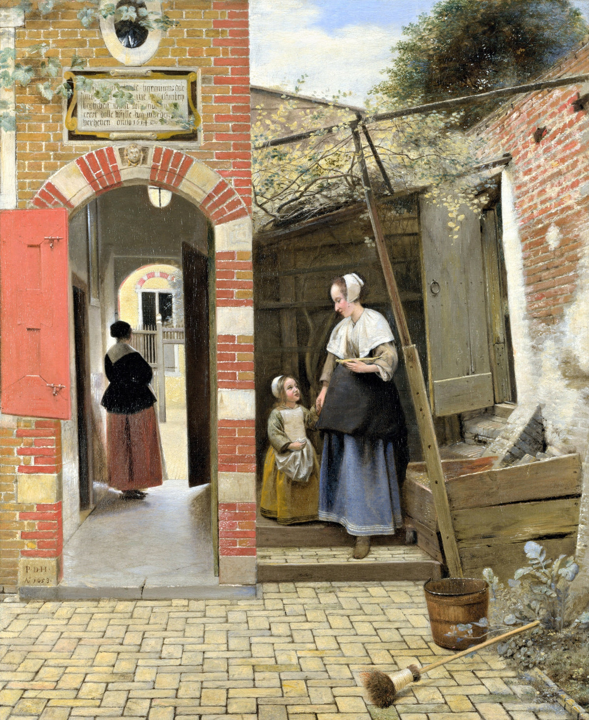 The Courtyard of a House in Delft by de Hooch: a maid holds a girl's hand in a brick courtyard beside an arched passage