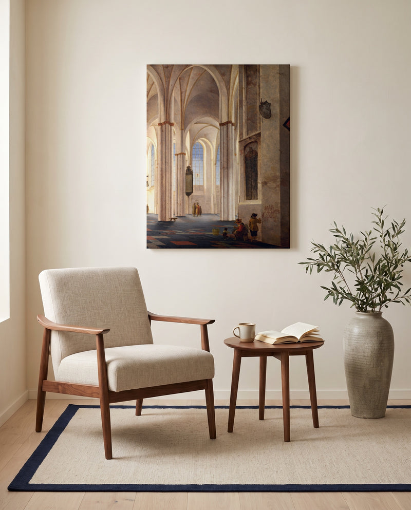 Buurkerk, Utrecht by Pieter Saenredam as a stretched canvas above a linen lounge chair in a reading corner