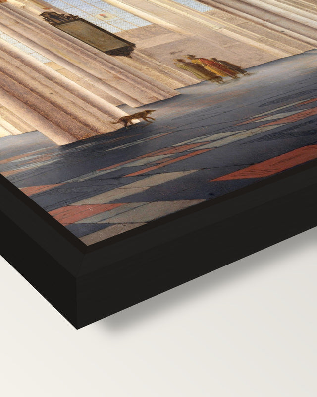 Buurkerk, Utrecht by Saenredam framed canvas, corner close-up: a black floating frame with a shadow gap round the canvas
