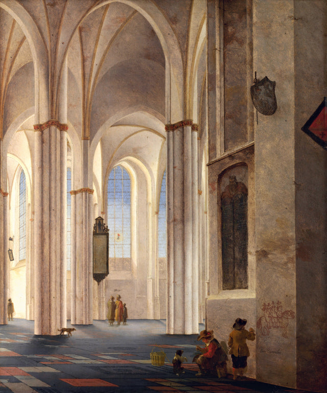 The Interior of the Buurkerk at Utrecht by Saenredam: tall white columns and arches in a sunlit church, small figures below
