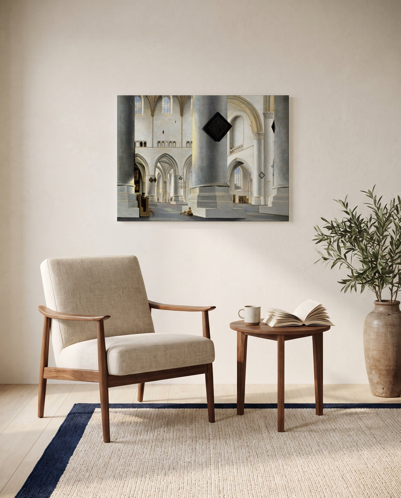 Grote Kerk, Haarlem by Pieter Saenredam as a stretched canvas above a linen lounge chair in a reading corner