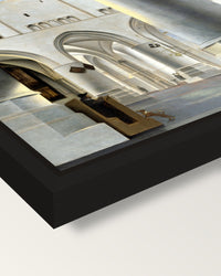 Grote Kerk, Haarlem by Saenredam framed canvas, corner close-up: a black floating frame with a shadow gap round the canvas