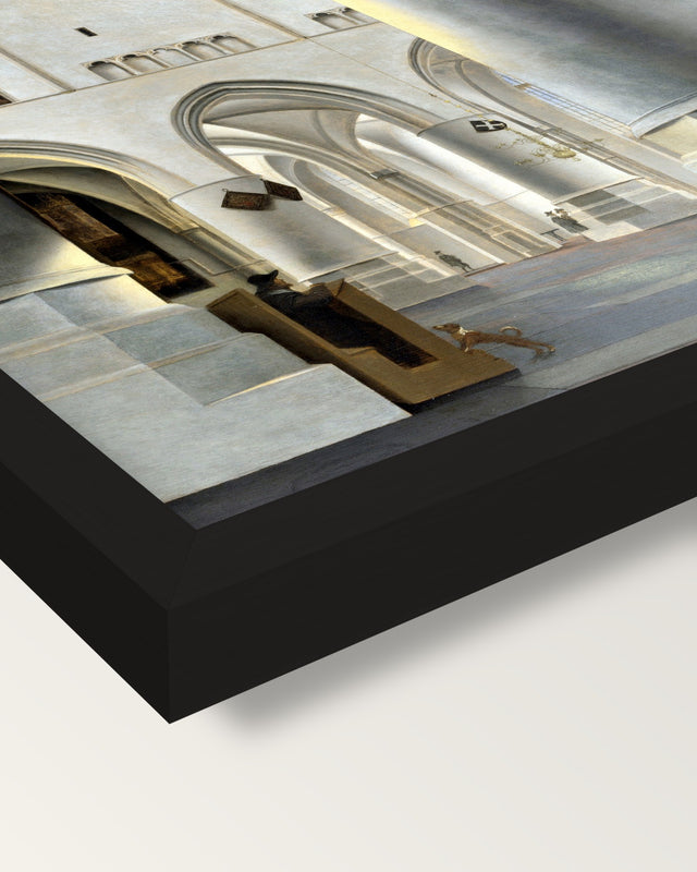 Grote Kerk, Haarlem by Saenredam framed print, corner close-up: black moulding, mitred, the print set just below its edge