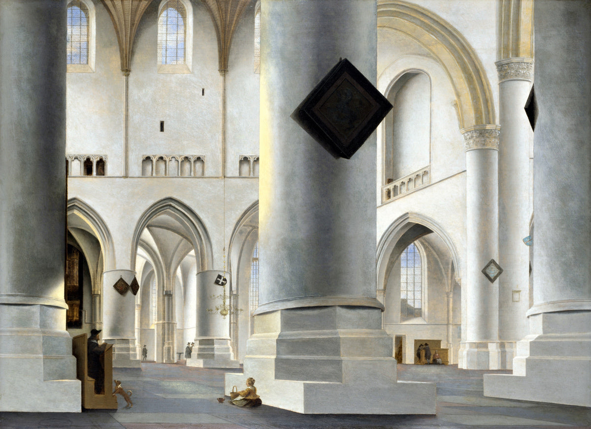 The Interior of the Grote Kerk at Haarlem by Saenredam: massive grey columns and white arches in a light-filled church