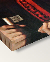 Francesco delle Opere by Pietro Perugino on stretched canvas, corner close-up: the painting mirror-wrapped round the sides