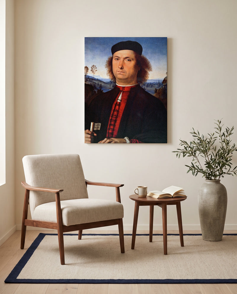 Francesco delle Opere by Pietro Perugino as a stretched canvas above a linen lounge chair in a reading corner