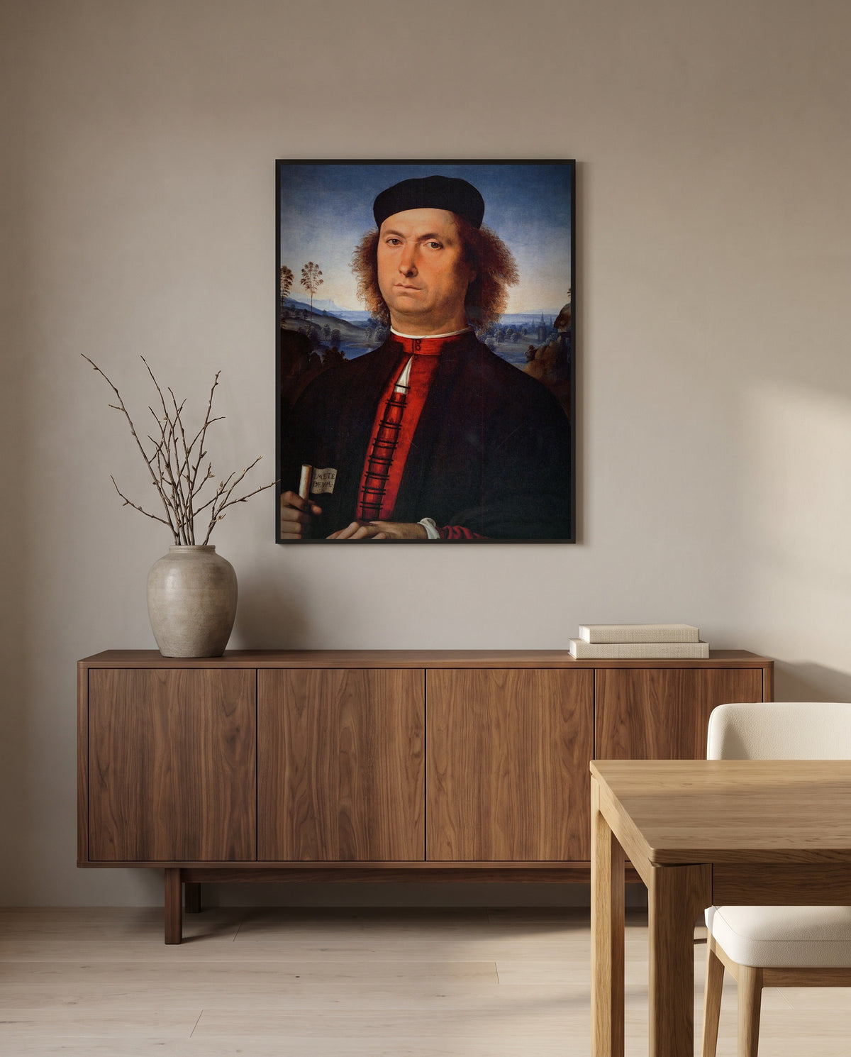 Francesco delle Opere by Pietro Perugino in a black frame above a walnut sideboard in a dining room