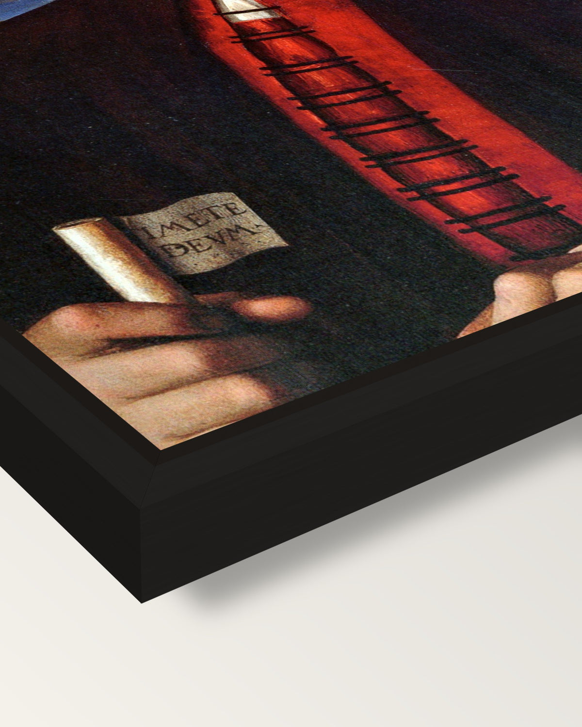 Francesco delle Opere by Perugino framed canvas, corner close-up: a black floating frame with a shadow gap round the canvas