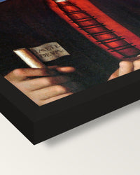 Francesco delle Opere by Perugino framed print, corner close-up: black moulding, mitred, the print set just below its edge