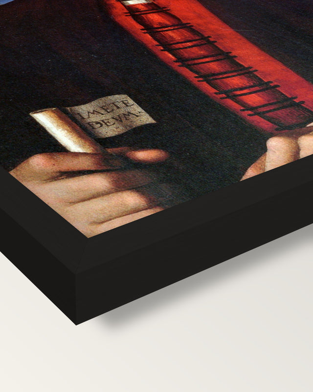Francesco delle Opere by Perugino framed print, corner close-up: black moulding, mitred, the print set just below its edge