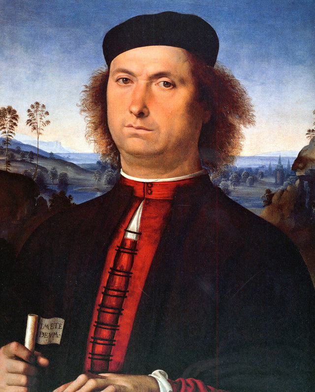 Francesco delle Opere by Perugino: a man in a black cap and red doublet holds a scroll before a lake and towers