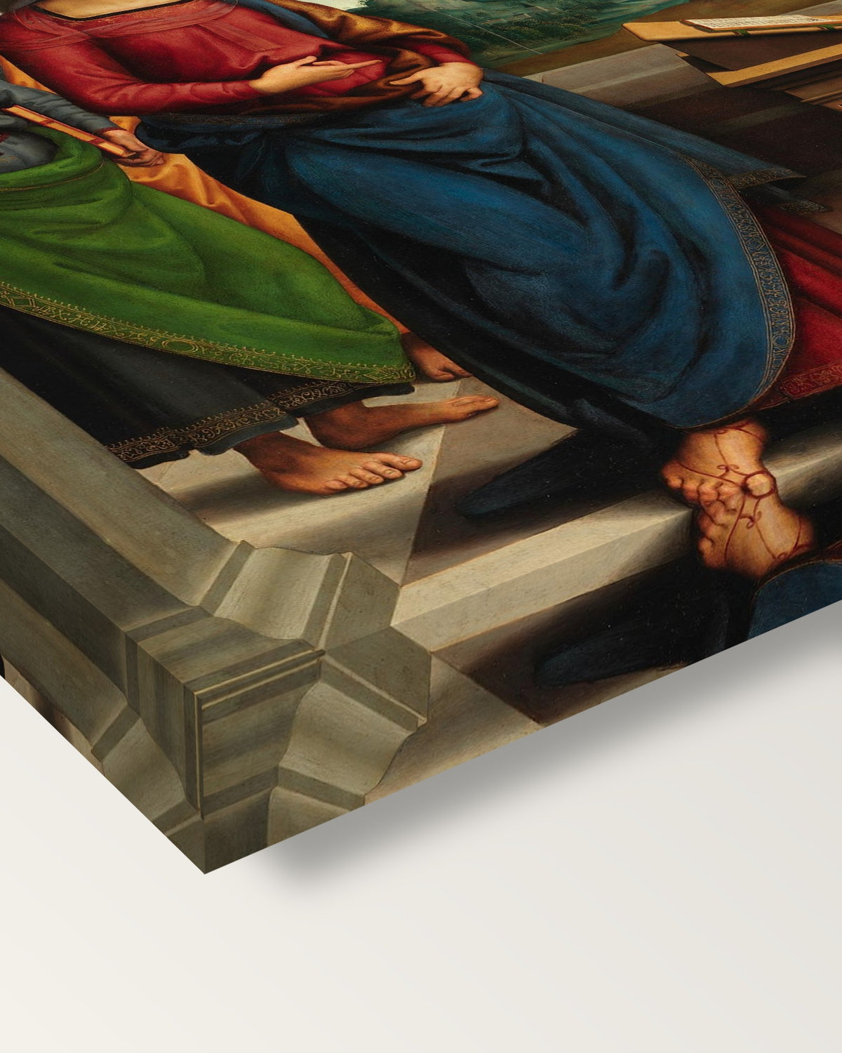 Vision of Saint Bernard by Pietro Perugino on stretched canvas, corner close-up: the painting mirror-wrapped round the sides