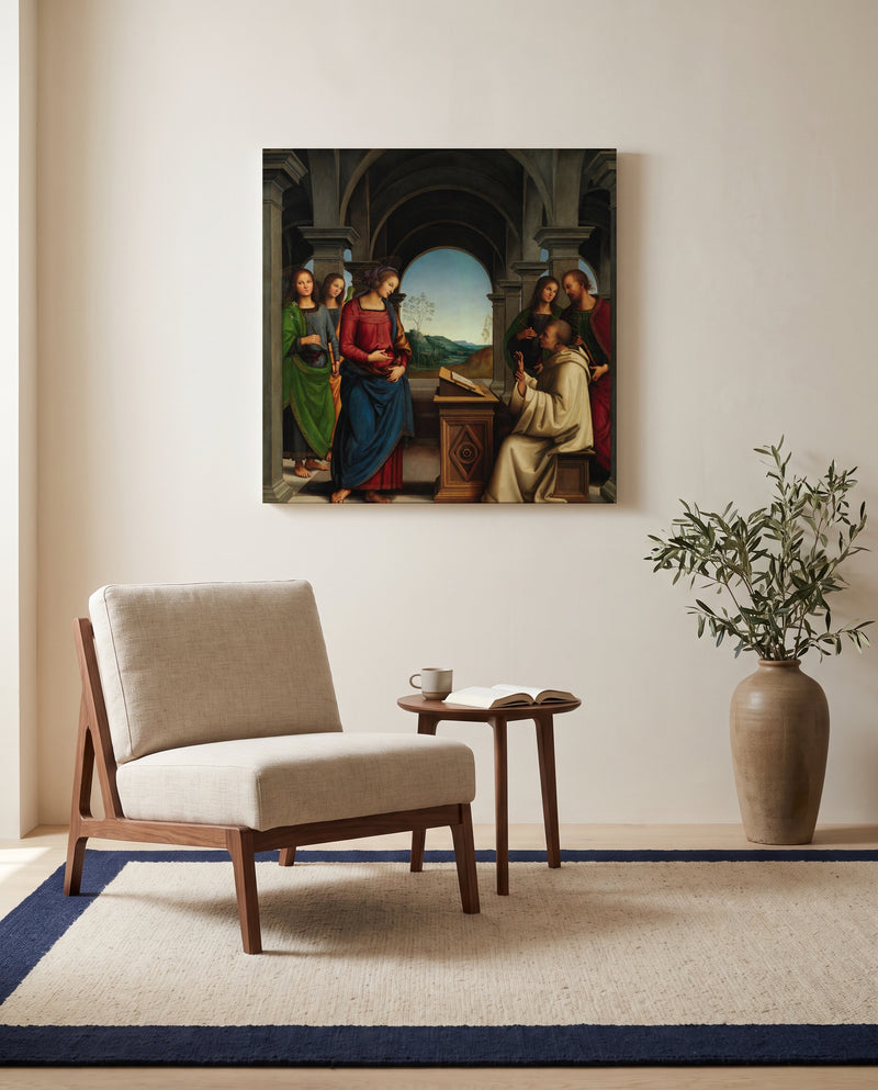 Vision of Saint Bernard by Pietro Perugino as a stretched canvas above a linen lounge chair in a reading corner