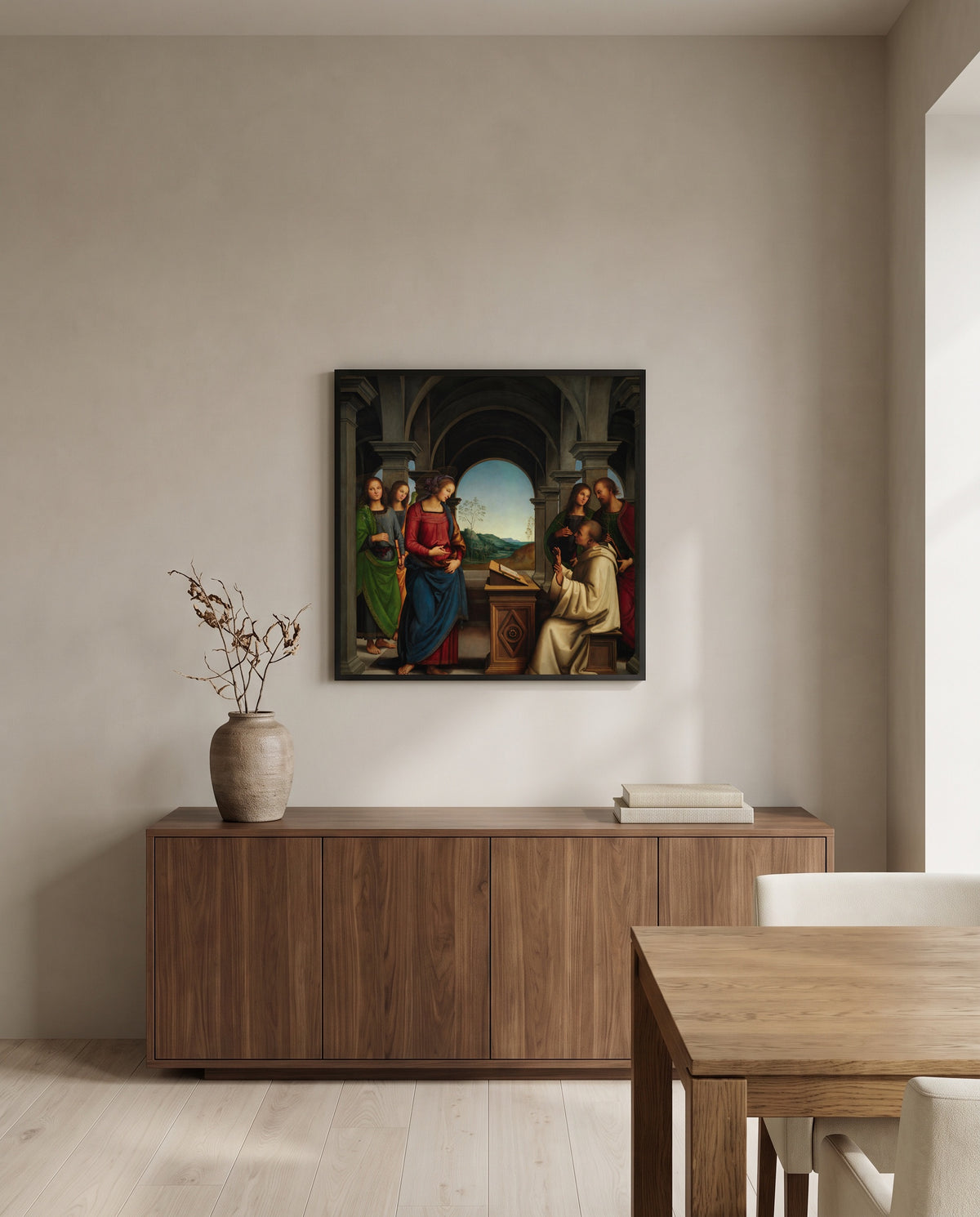 Vision of Saint Bernard by Pietro Perugino in a black frame above a walnut sideboard in a dining room