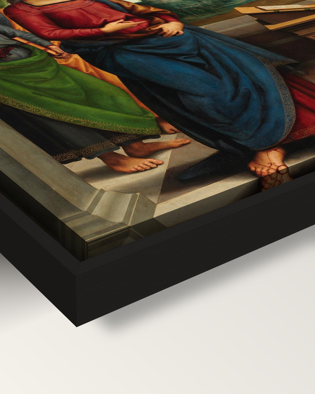 Vision of Saint Bernard by Perugino framed canvas, corner close-up: black floating frame, painted edge in the shadow gap