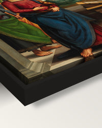 Vision of Saint Bernard by Perugino framed canvas, corner close-up: black floating frame, painted edge in the shadow gap