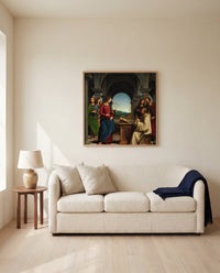 Vision of Saint Bernard by Pietro Perugino framed in natural oak above a cream sofa in a warm living room
