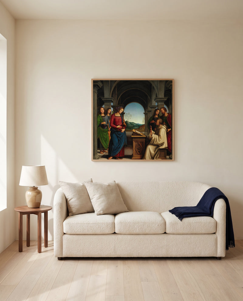 Vision of Saint Bernard by Pietro Perugino framed in natural oak above a cream sofa in a warm living room