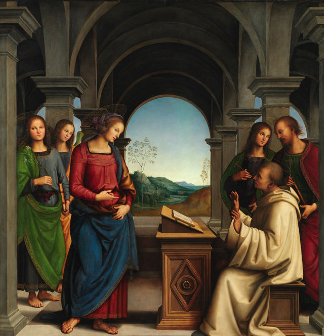 The Vision of Saint Bernard by Perugino: the Virgin and angels visit a monk at his desk in a hall of arches, hills beyond