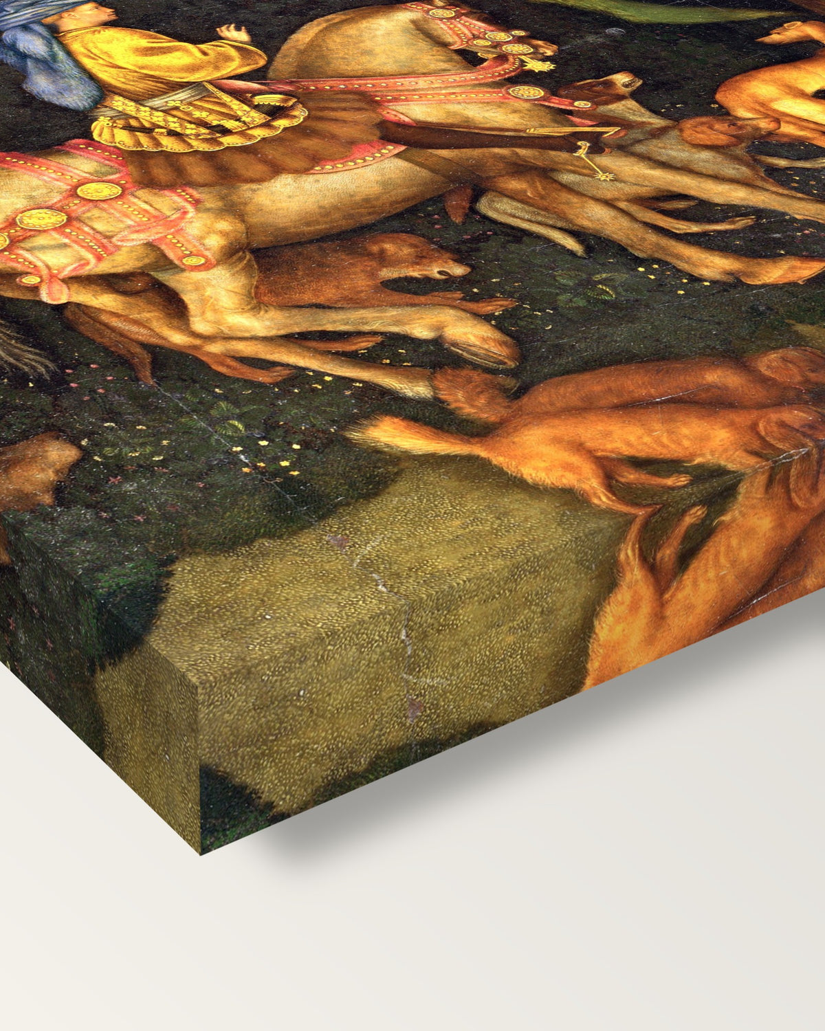 Vision of Saint Eustace by Pisanello on stretched canvas, corner close-up: the painting mirror-wrapped round the sides
