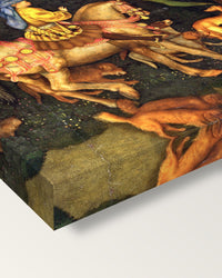 Vision of Saint Eustace by Pisanello on stretched canvas, corner close-up: the painting mirror-wrapped round the sides