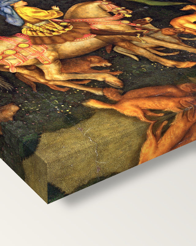 Vision of Saint Eustace by Pisanello on stretched canvas, corner close-up: the painting mirror-wrapped round the sides