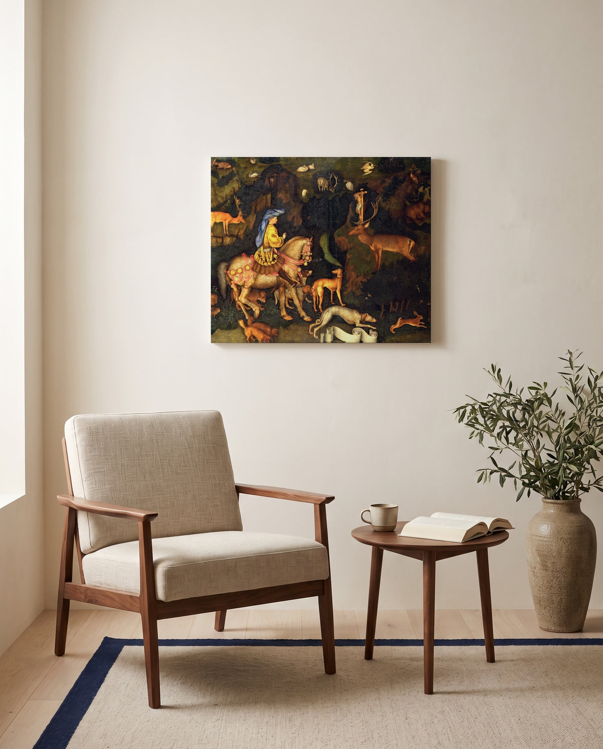 Vision of Saint Eustace by Pisanello as a stretched canvas above a linen lounge chair in a reading corner