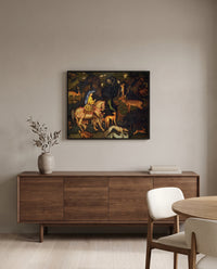 Vision of Saint Eustace by Pisanello in a black frame above a walnut sideboard in a dining room