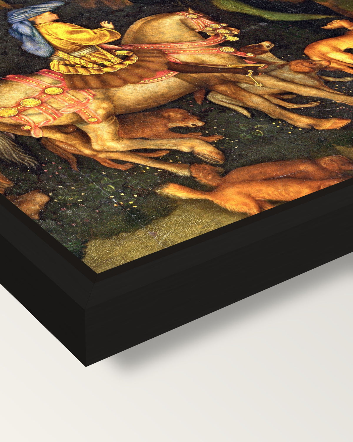Vision of Saint Eustace framed canvas, corner close-up: a black floating frame with a shadow gap round the canvas
