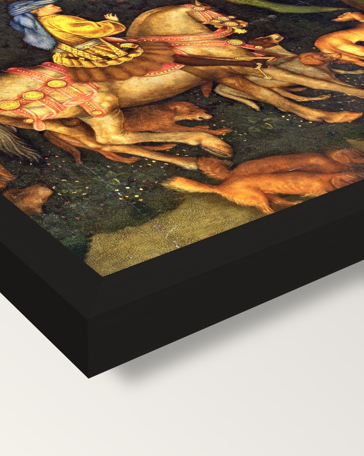 Vision of Saint Eustace by Pisanello framed print, corner close-up: black moulding, mitred, the print set just below its edge